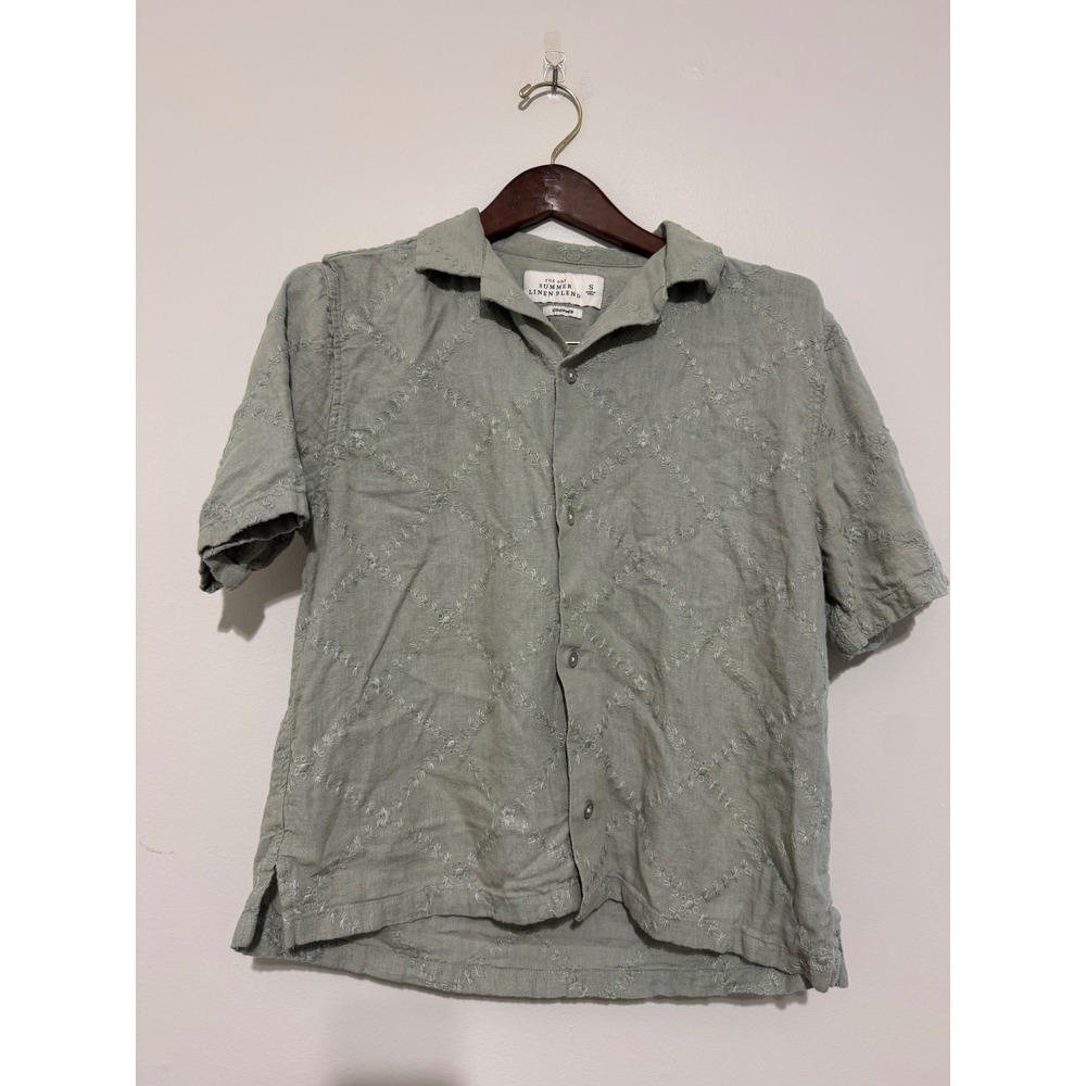 Abercrombie & Fitch Mens Small Sage Green Embroidered Linen Blend Cropped Shirt